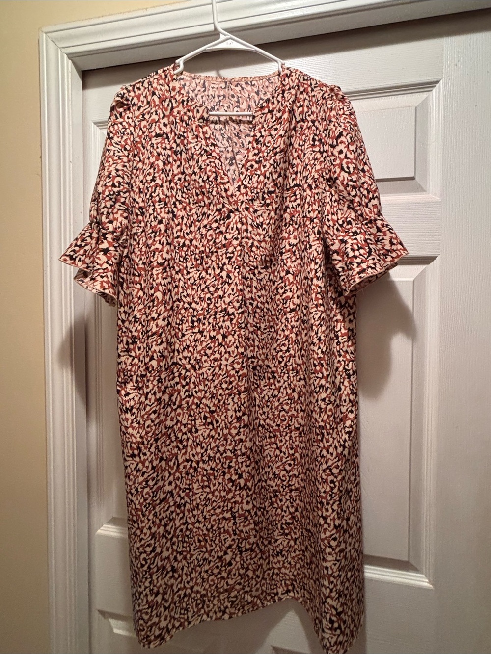 SHEIN Brown and Black print Midi Dress with Ruffle Sleeves
